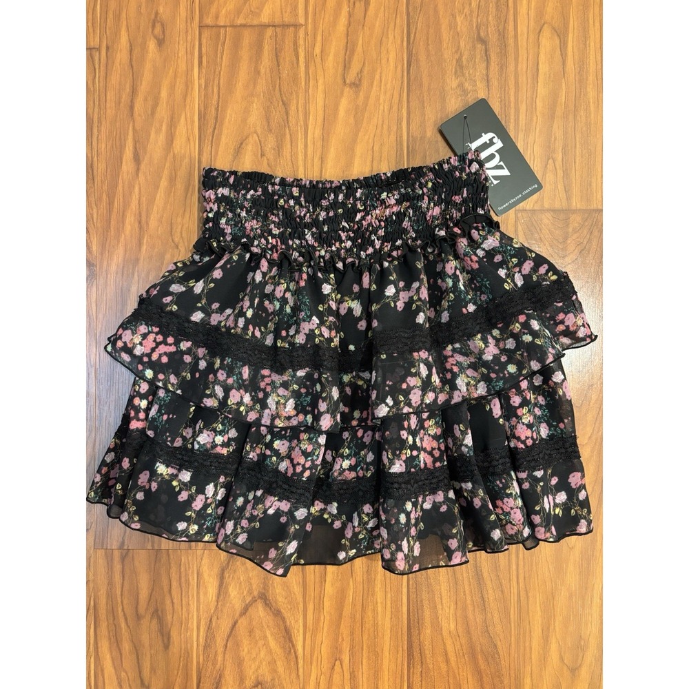 NWT FBZ Flowers by Zoe Claudia Tiered Floral Ruffle Skirt Black Pink Mesh